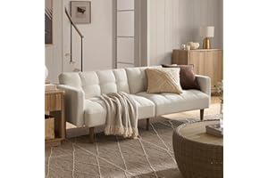 mopio Aaron 76.8" Couch, Small Futon Sofa Bed, Sleeper, Loveseat, Mid Century Modern Futon Couch, Sofa Cama, Couches for Living Room, Bedroom (Pearl White, Boucle)
