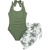 Tomolant Girls Swimsuit Halter Neck One Piece Bathing Suit with Tropical Printed Cover Up Skirt Girls' Swimwear Set 7-18Y