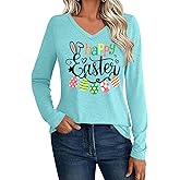 Easter Shirts for Women Bunny Shirt Happy Easter Eggs T-Shirt Rabbit Graphic Gifts Tee Tops V Neck Long Sleeve Outfit