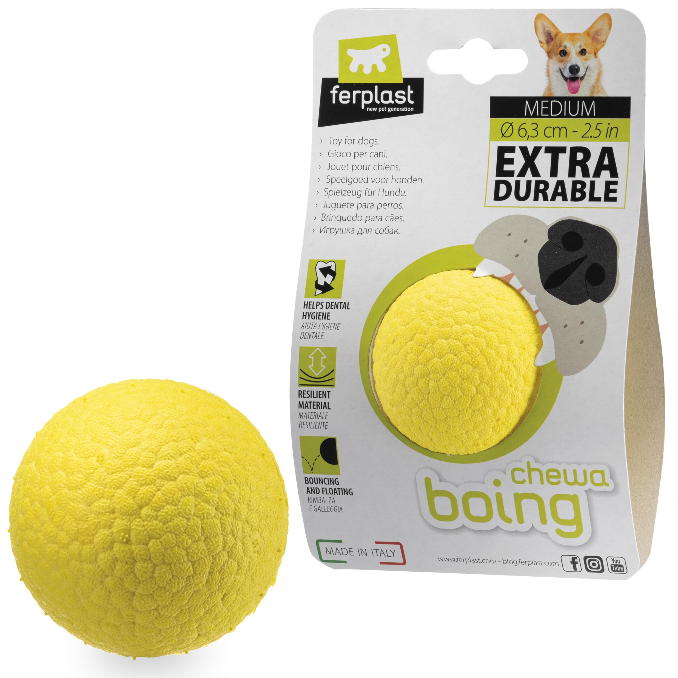 Ferplast CHEWA BOING BALL Dog Toy Super Bouncing & Floating - Innovative Chewing-Resistant Material - 3D Texture for Dental Hygiene - Ultra Durable - Italian Design - Size M, Yellow — image 1