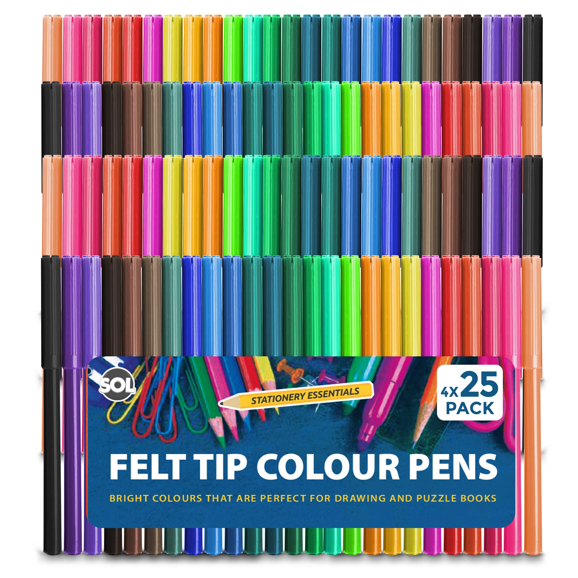 SOL 100 Felt Tips Colouring Pens for Adults & Kids Felt Tip Pens for Children Drawing Coloured Pens Felt Pens, Colouring Pens for Kids Coloured Markers Pack Felt Tip Pens for Adults Colouring Book