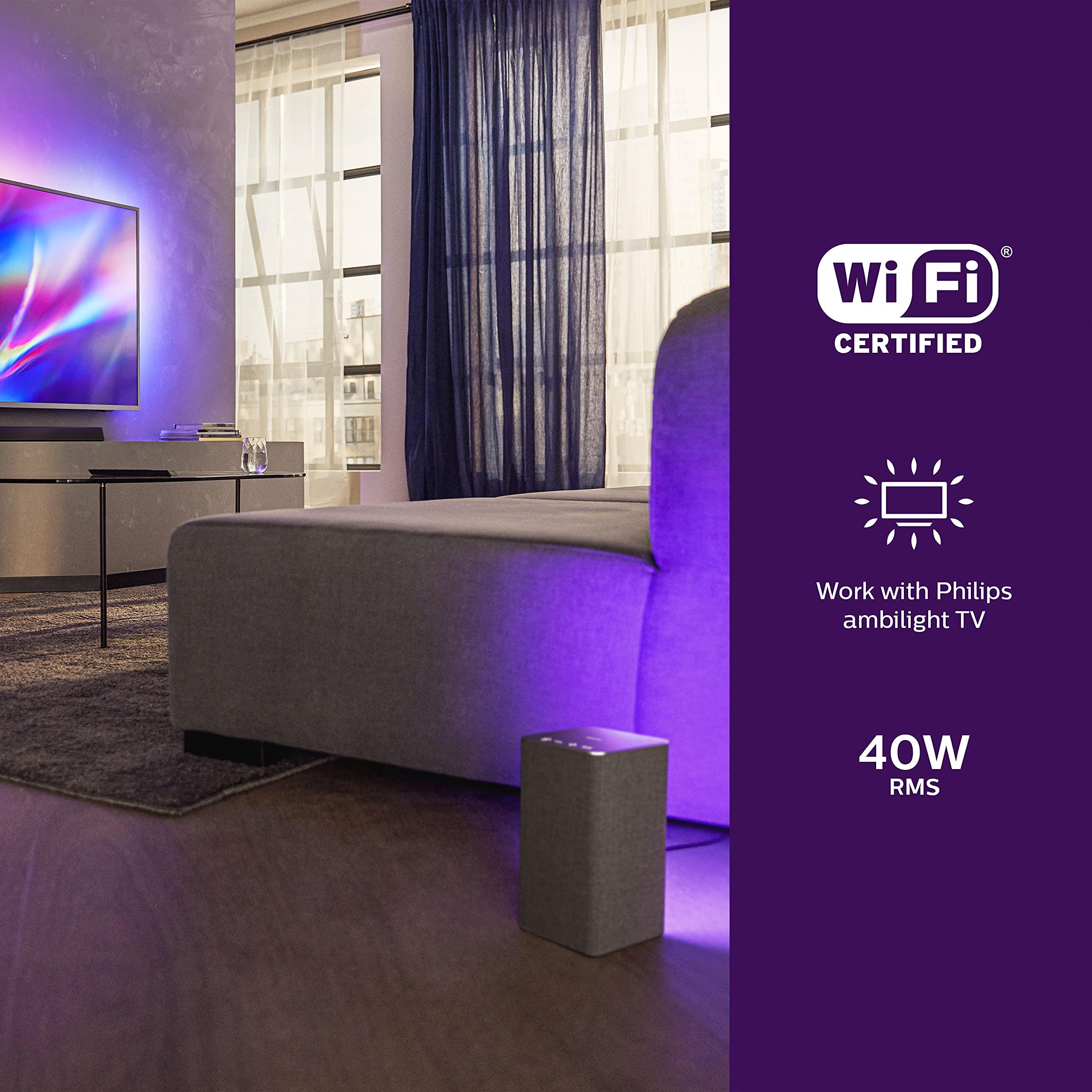 Philips W6205 Wireless Home Speaker, Bluetooth + DTS Play-Fi Compatible for Surround Sound/Stereo Pairing. Connects to Spotify, AirPlay2, Chromecast, and Echo Speakers. LED Mood Lighting, TAW6205