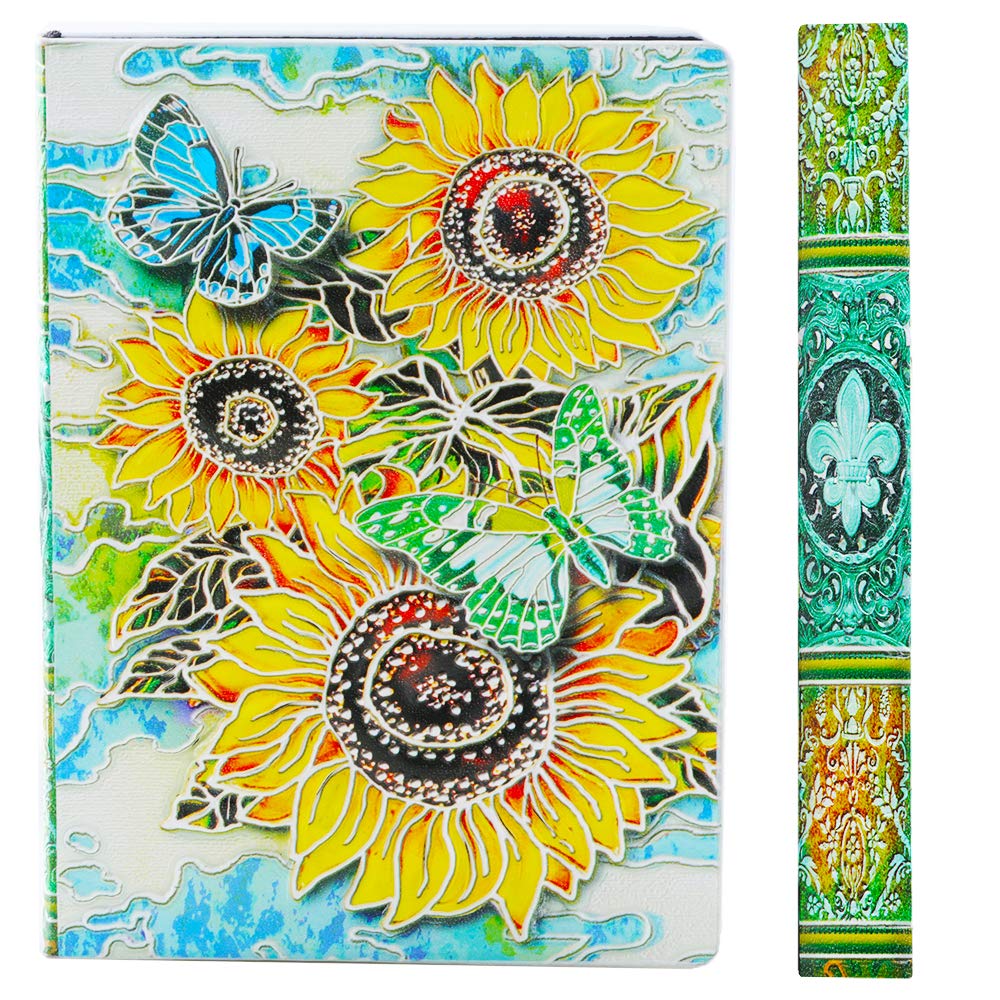 YHH Notebook A5 Lined Hardback, Handmade, Hardcover Travel Diary Embossed Leather Journal, 200 Ruled Pages Brown and Ivory, Anniversary Xmas Gifts Ideas for Women Mum Wife Kids, 3Dsunflower Colorful