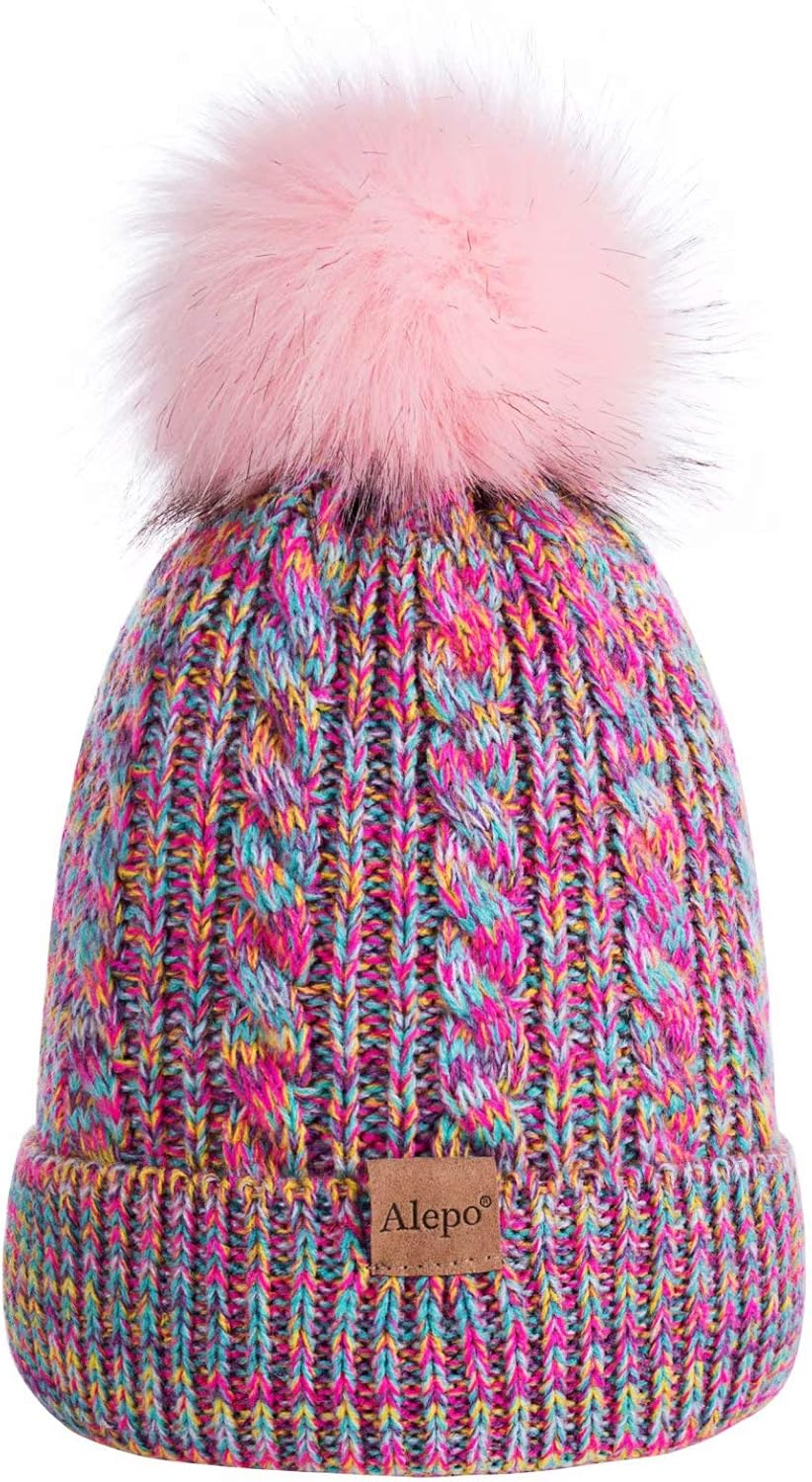Kids Toddler Baby Winter Beanie Hat, Children's Warm Fleece Lined Knit Thick Ski Cap with Pom Pom for Boys Girls (Mix Rainbow): Clothing