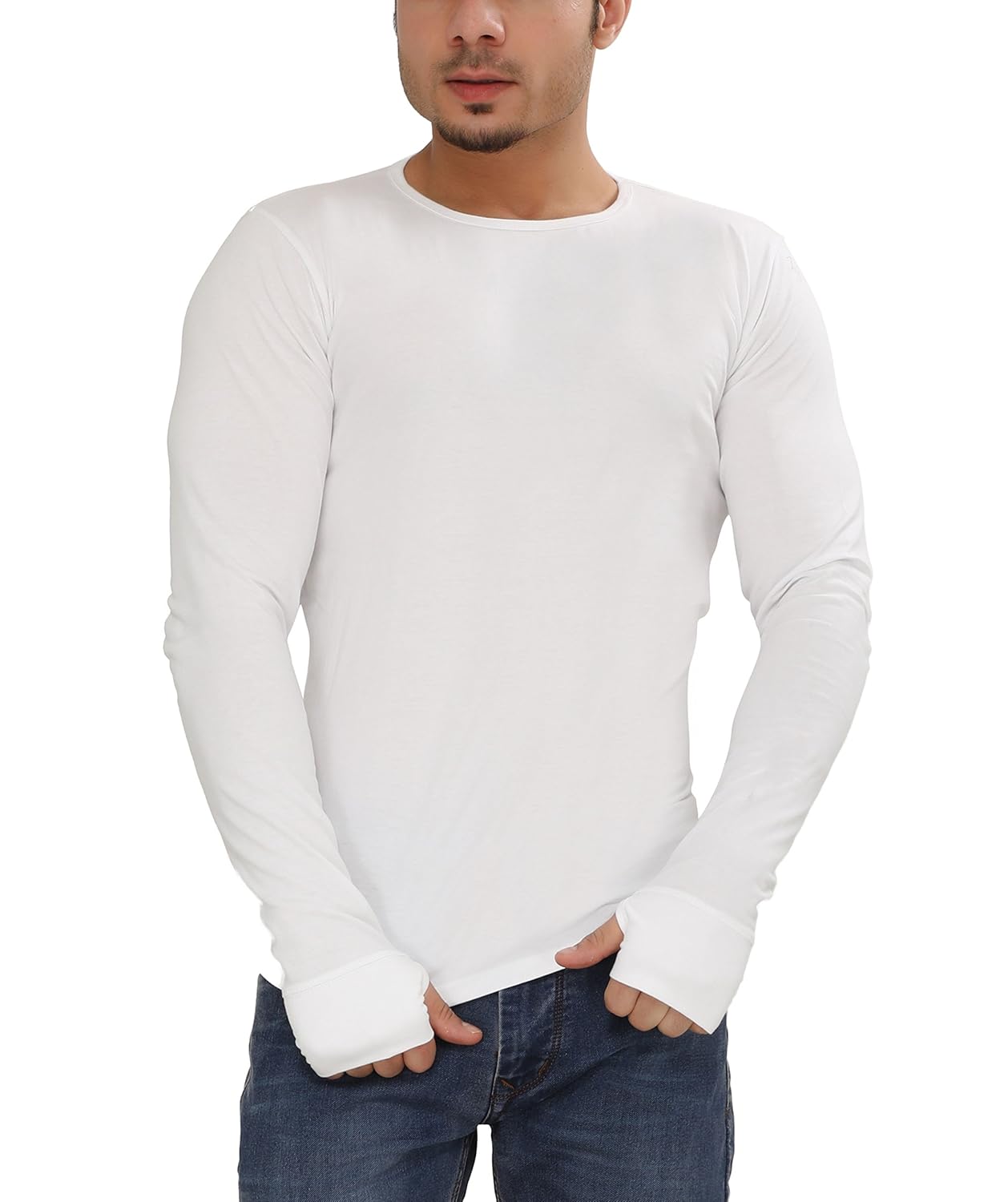 tees collection men's cotton full sleeve thumb hole cuffs white color basic t-shirt
