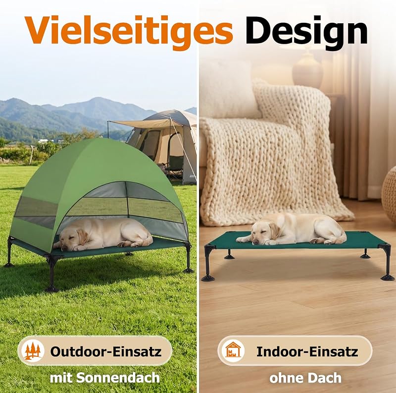 Erhöhtes Hundebett Outdoor mit UV-beständiges Dach，Hundeliege Klappbar mit Anti-Rutsch-Füßen, Hundezelt Outdoor mit Großem Schatten, Kühlendes ErhöHtes Hunde Bett für Camping, Garten (Grüner, L)