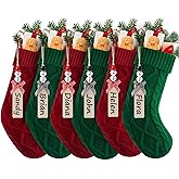 Personalized Christmas Stockings - 18 Inches Hanging Stockings with DIY Snowman Name Tags, 6 Pack Large Size Knitted Stockings for Mantels, Christmas Tree Family Holiday Decor, Red and Green