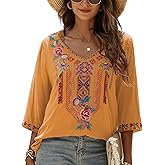 LauraKlein Women's Summer Boho Embroidery Mexican Bohemian Tops V Neck 3/4 Sleeve Causal Loose Shirt Blouse Tunic