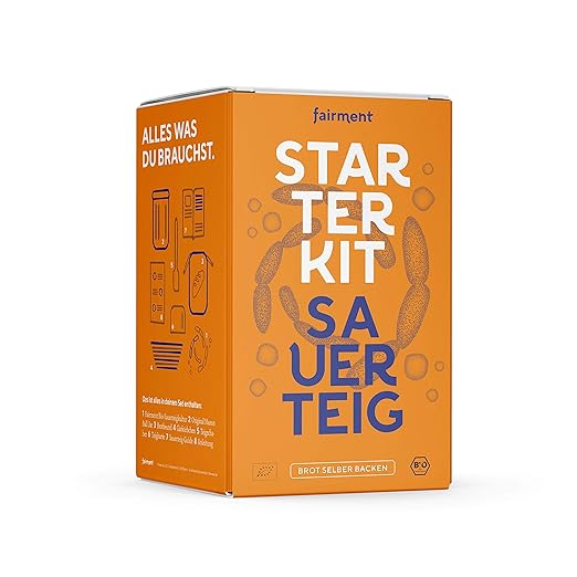 Sauerteig Starter Kit von fairment - Sauerteigbrot selber backen, inkl. Roggensauerteig Anstellgut (vegan, bio), G&auml;rk&ouml;rbchen, Teigschaber, G&auml;rglas mit 946ml Fassungsverm&ouml;gen, Anleitung, Rezepte