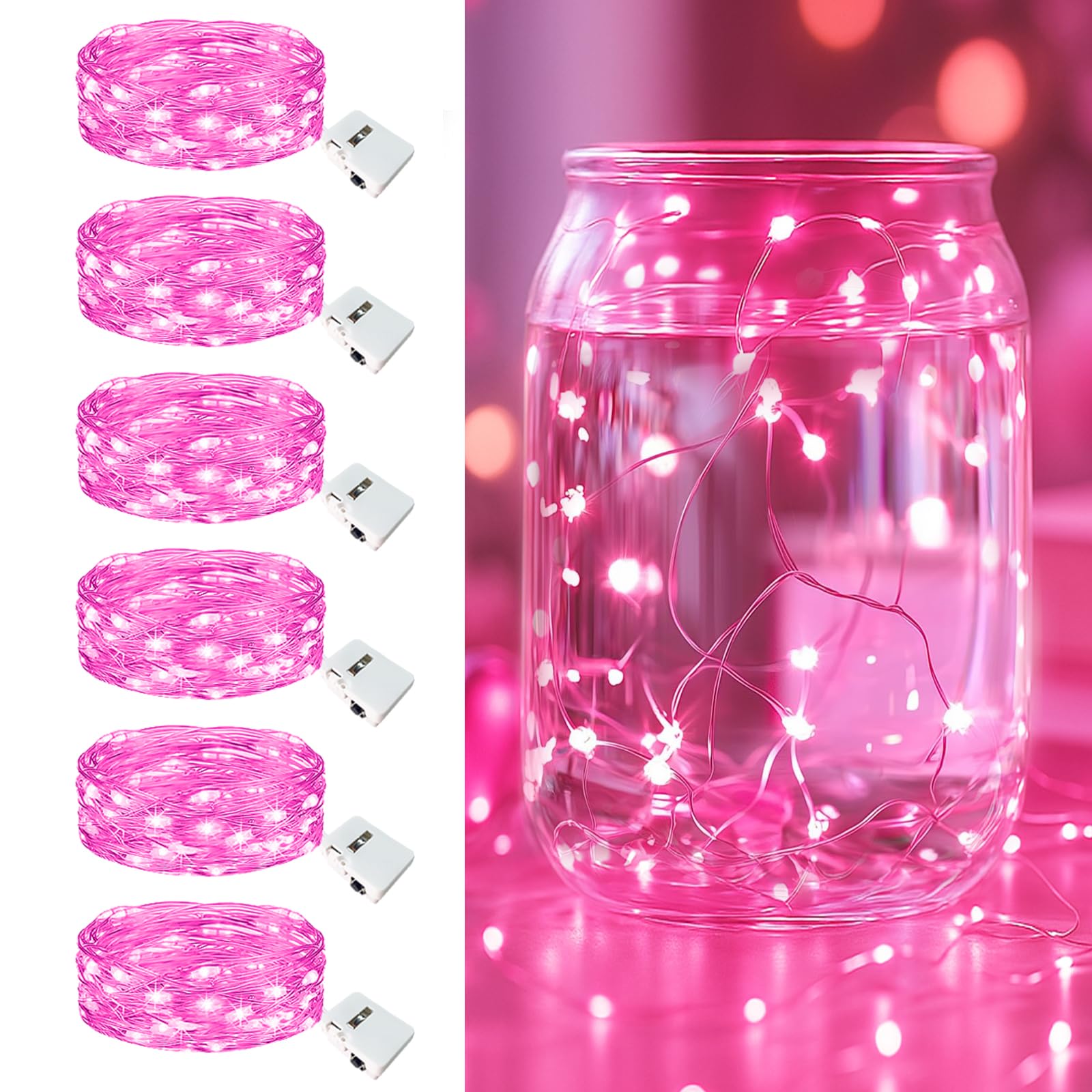 Photo 1 of 6 Pack Fairy Lights Battery Operated - 7ft 20 Led Twinkle Lights 3 Modes, Bulk Mini String Lights Waterproof for Mason Jars Vases DIY Party Wedding Decoration Christmas - Pink