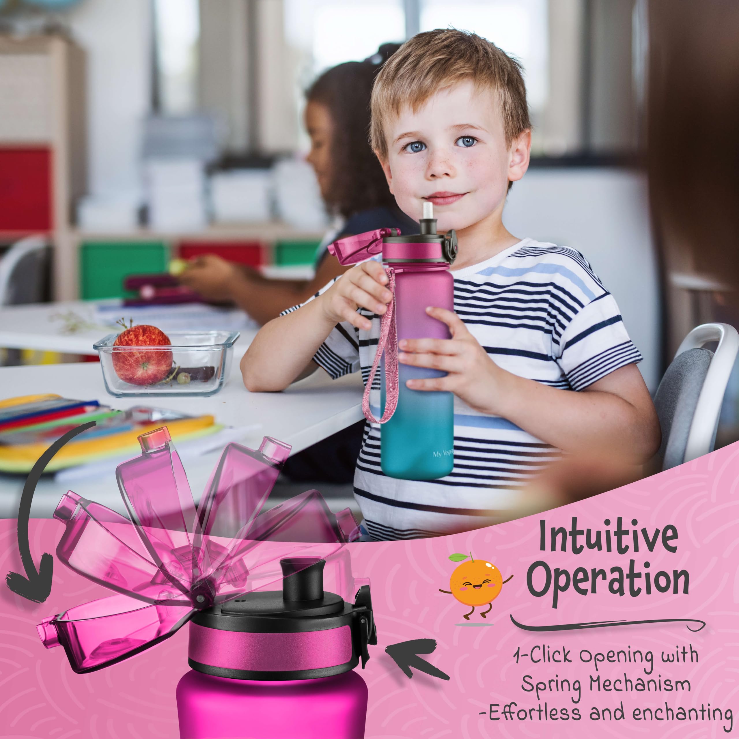 My Vesperbox – Minny - Kinder Trinkflasche auslaufsicher – 500ml – mit Strohhalm oder Sieb - leichte Tritan Wasserflasche - BPA frei - für Kindergarten, Schule (Lila - Blau 500ml) 5