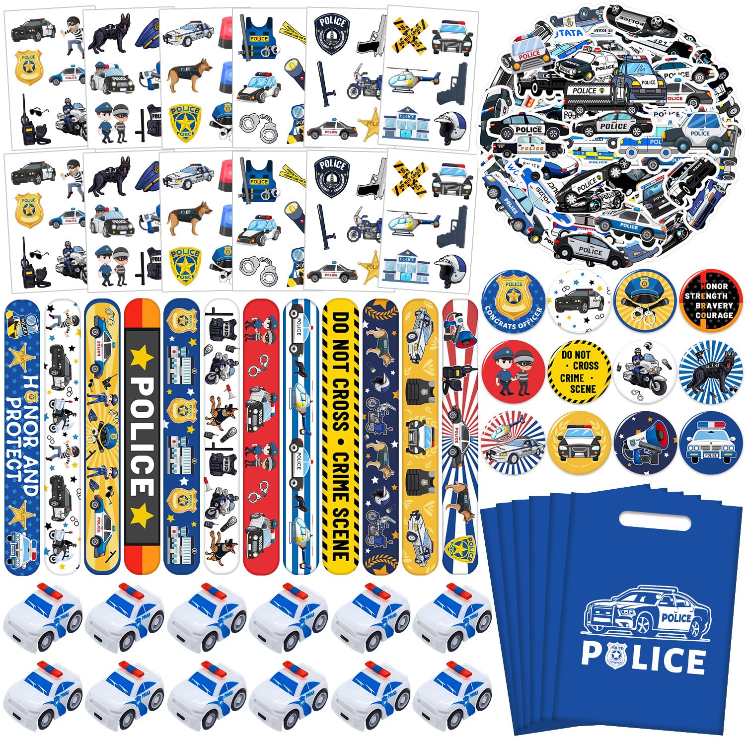 Photo 1 of Police Party Favors Kit, Police Party Decorations, 72Pcs Temporary Tattoos, 12Pcs Police Officer Slap Bracelets, 50PCS Police Stickers,12Pcs Mini Police Toy Cars, 12Pcs button badge, 12Pcs Gift Bags