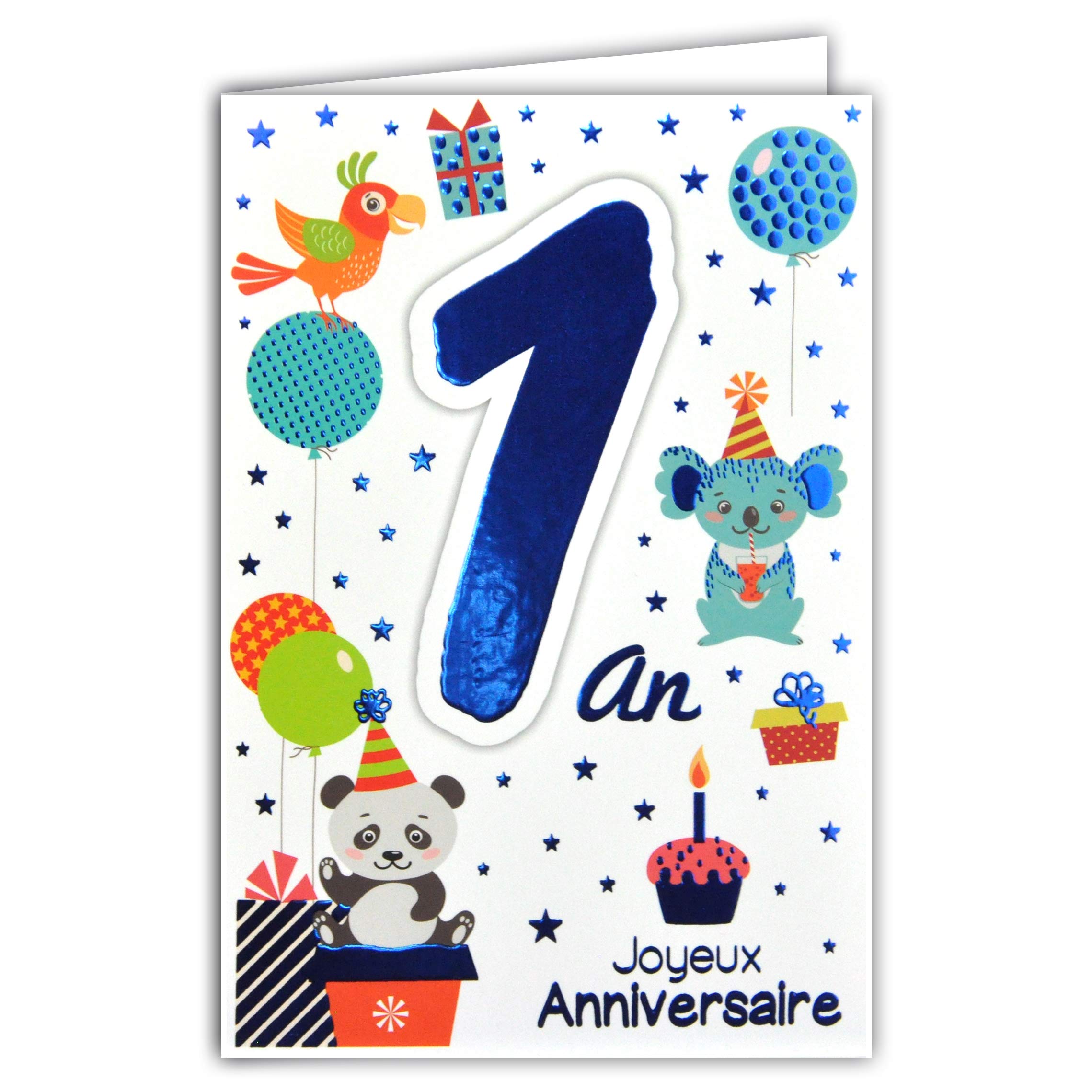 Afie 69-2100 Happy Birthday Card 1 Year Blue Shiny Baby Boy Girl
