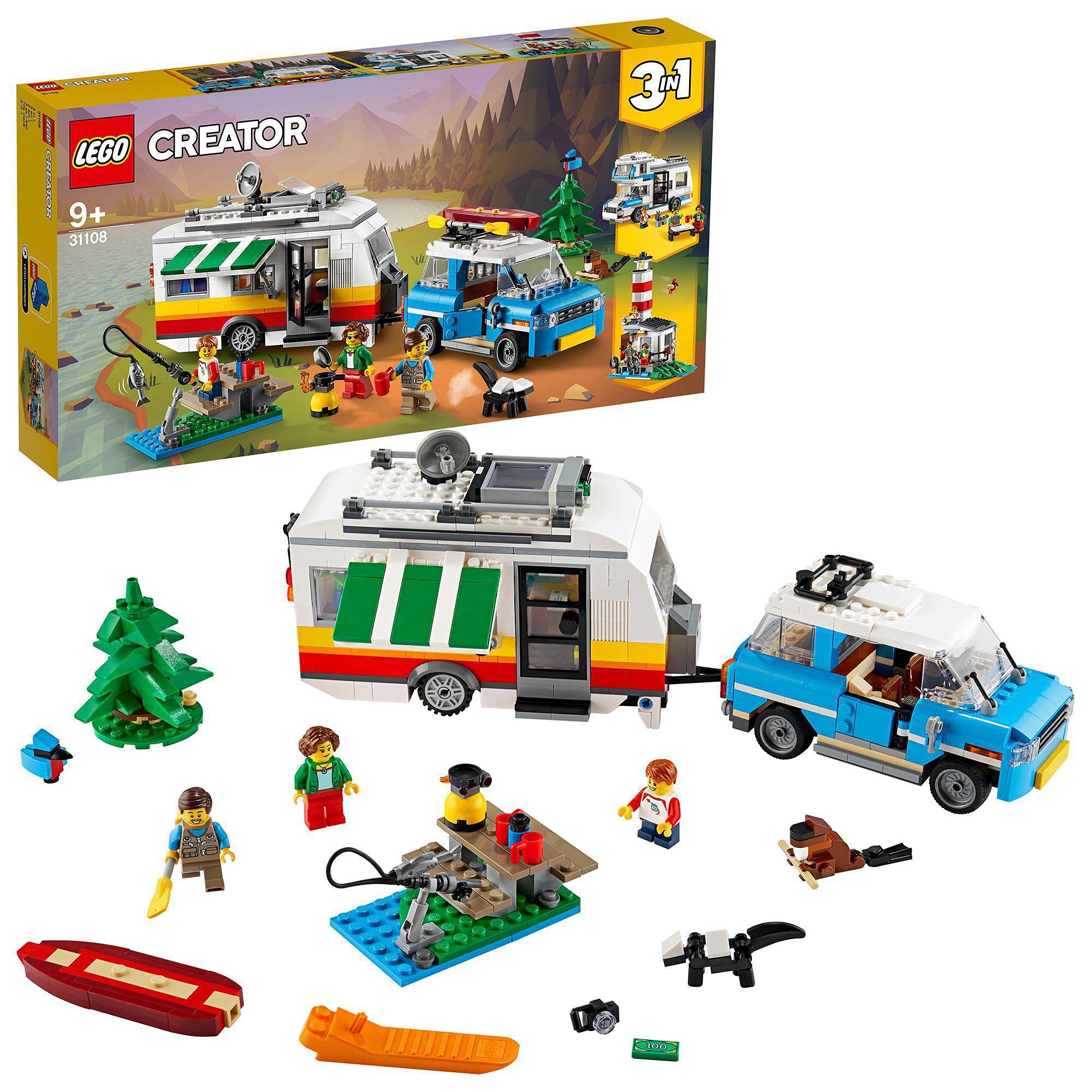LEGO 31108 Creator 3in1 Caravan Family Holiday Toy with Car, Camperva, Lighthouse, Summer Construction Toy