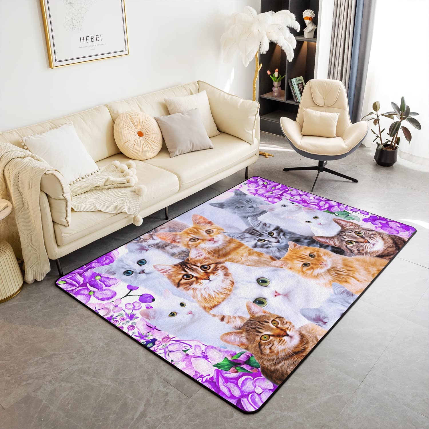 Loussiesd Cat Decorative Area Rug, Soft Cats Print Square Accent Rug Set, Bedroom Living Room, Floral Blossom Purple, 150 * 200cm — image 1