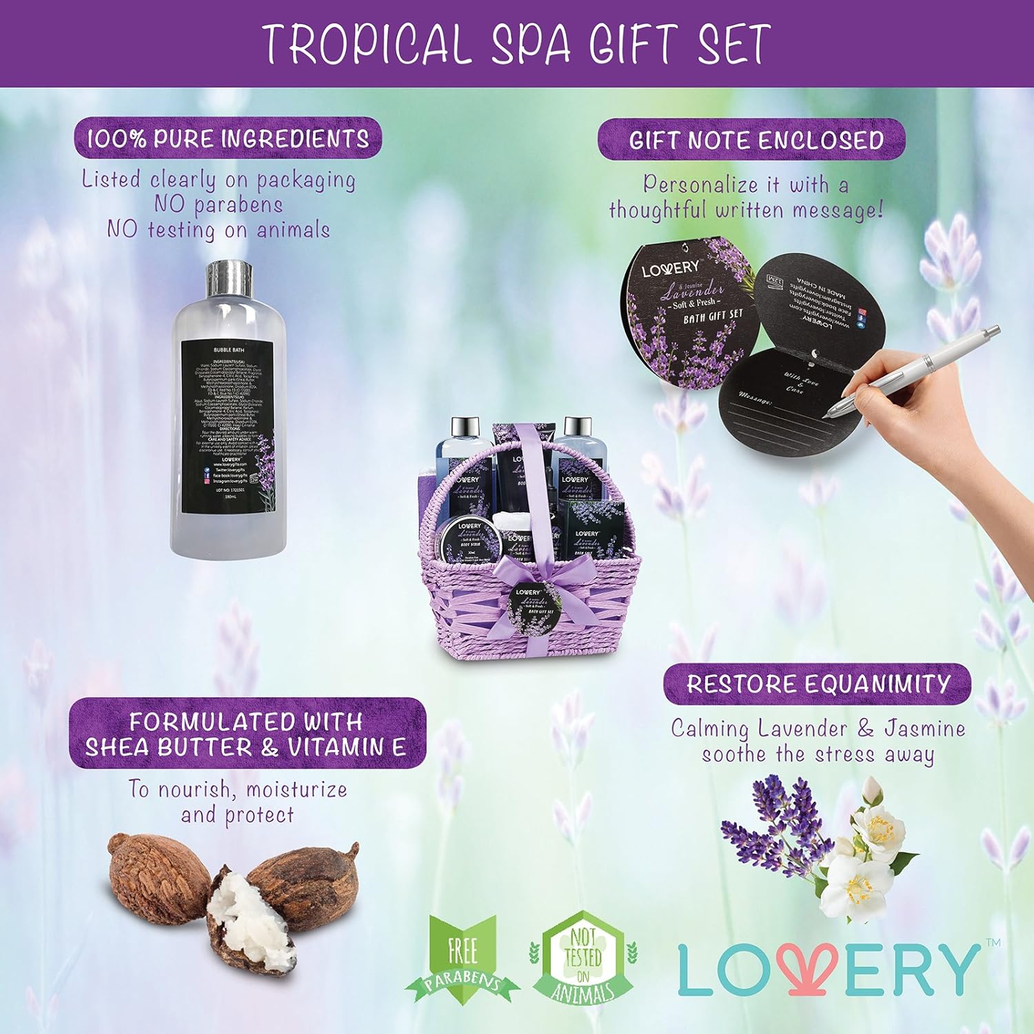 Home Spa Gift Basket, 9 Piece Bath & Body Set for Women and Men, Lavender & Jasmine Scent - Contains Shower Gel, Bubble Bath, Body Lotion, Bath Salt, Scrub, Massage Oil, Loofah & Basket: Baby