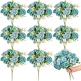 Yungyan 8 Pcs Wedding Artificial Rose Flowers Fake Roses Silk Hydrangea Berry Bouquet 12 Inch Faux Flowers for Bridal Wedding Party Floral Home Decoration Table Centerpieces(Teal Blue)