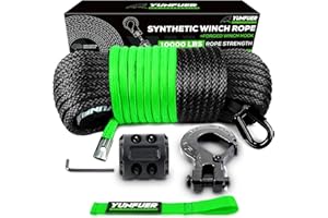 YUNFUER Synthetic Winch Rope Cable Kit, 1/4" x 50ft 10000LBS Black Winch Rope with Protective Sleeve, Forged Winch Hook, Rubber Stopper and Safety Pull Strap for ATV UTV