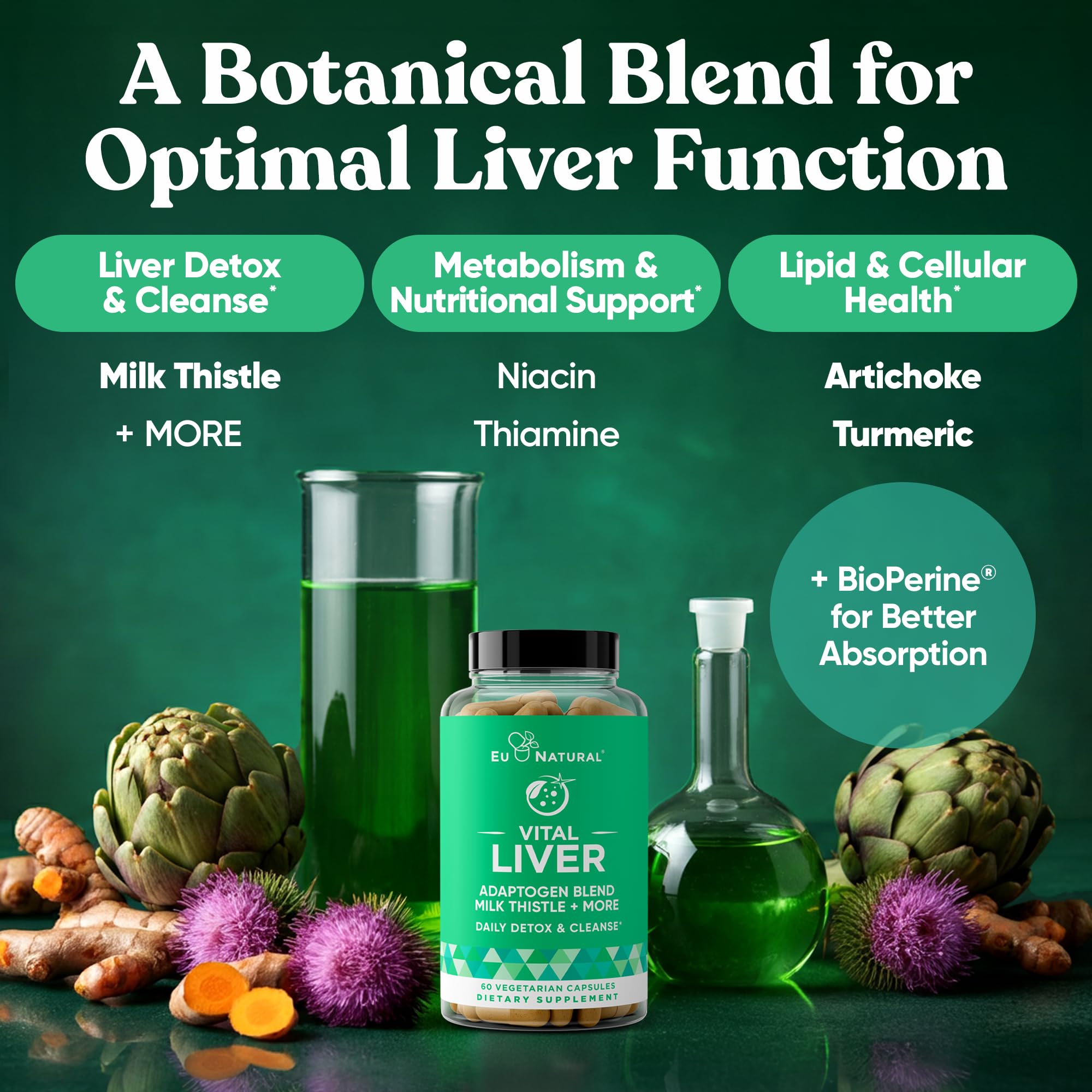 Vital Liver Cleanse Detox & Repair – 9-in-1 Liver Support Supplement – Milk Thistle, Artichoke Extract, Turmeric, Adaptogens – Optimal Liver Function and Digestive Health – 60 Vegetarian Soft Capsules