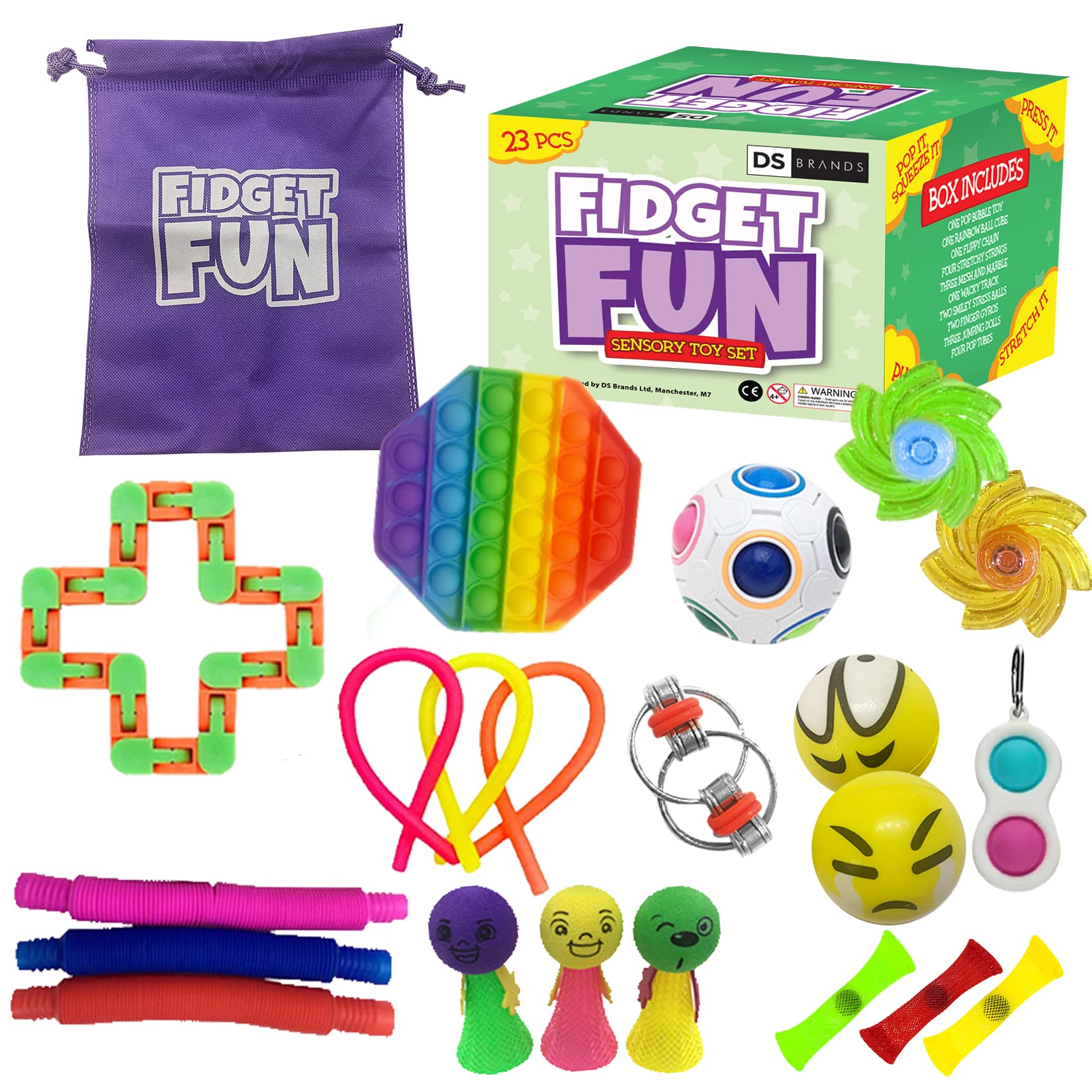 DS Brands Fidget Toy Set- 23 PC Fidget Fun Box with Simple Pop It Fidget Toy, Pop Tubes, Puzzle Ball, Marble Mesh- Sensory Toys For Autism Adhd- Perfect Stocking Fillers Girls Boys Kids Gift