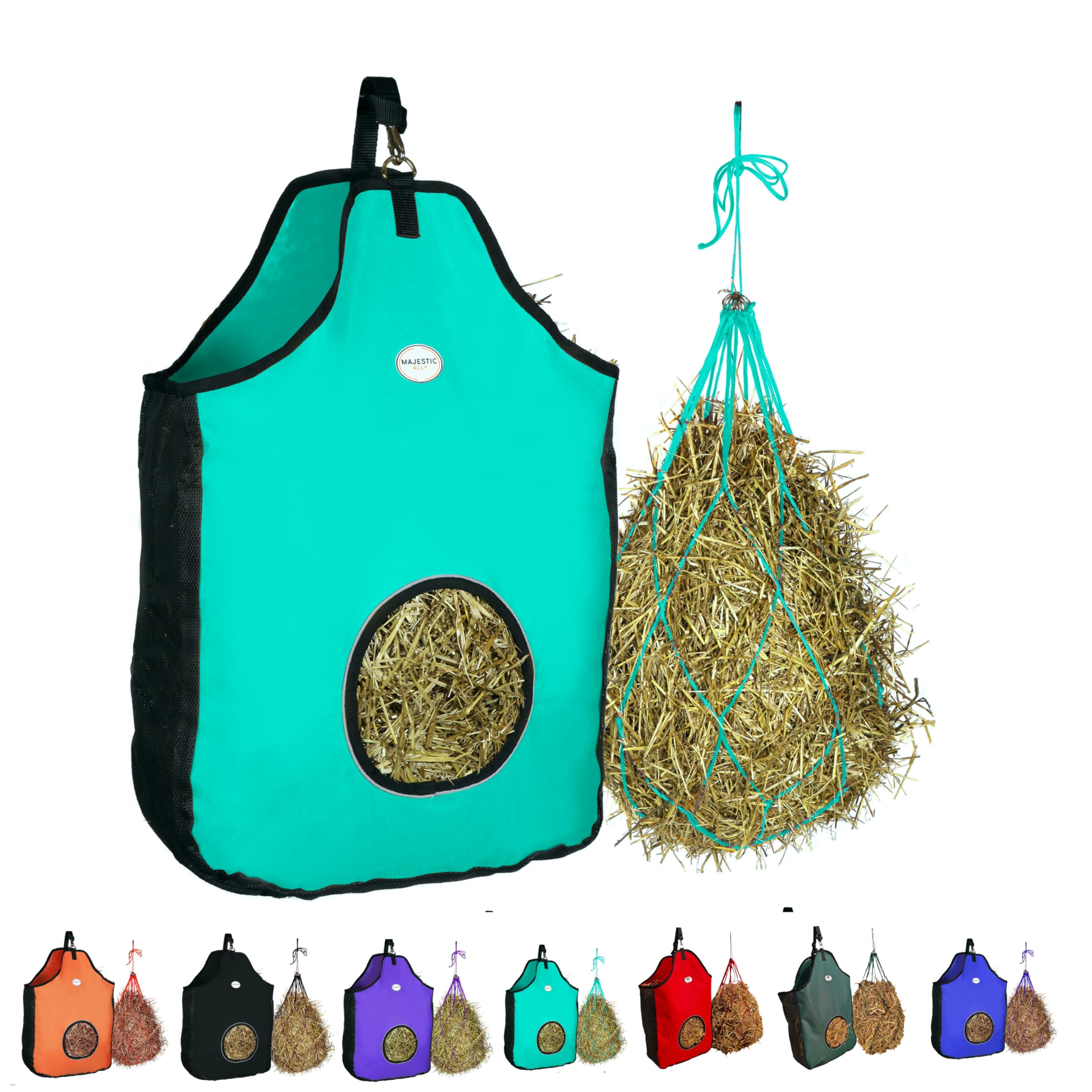 Majestic Ally 1200 D Hay Feeder Tote Bag for Horses, Sheep with Reflective Trim- Reduces Waste - Comes with 36” Hay Net (Turquoise)