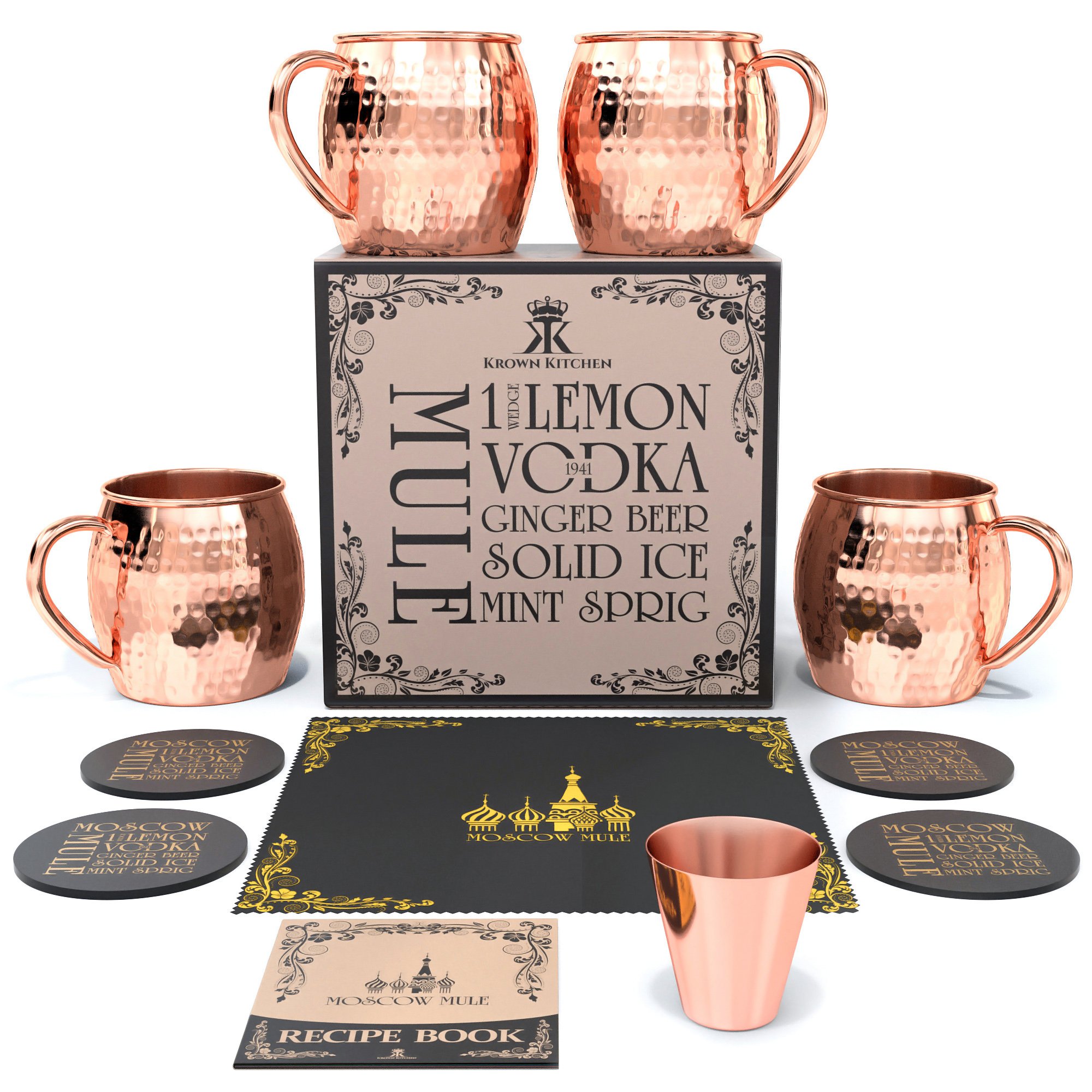Krown Kitchen - Hammered Moscow Mule Copper Mugs Set of 4 | 16 oz