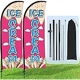 Buryeah 2 Sets Ice Cream Feather Flag Kit 8ft Ice Cream Swooper Flag Advertising Feather Banner with Pole Kit and Ground Stake Portable Bag Advertising Sign for Business Outside(Pink)