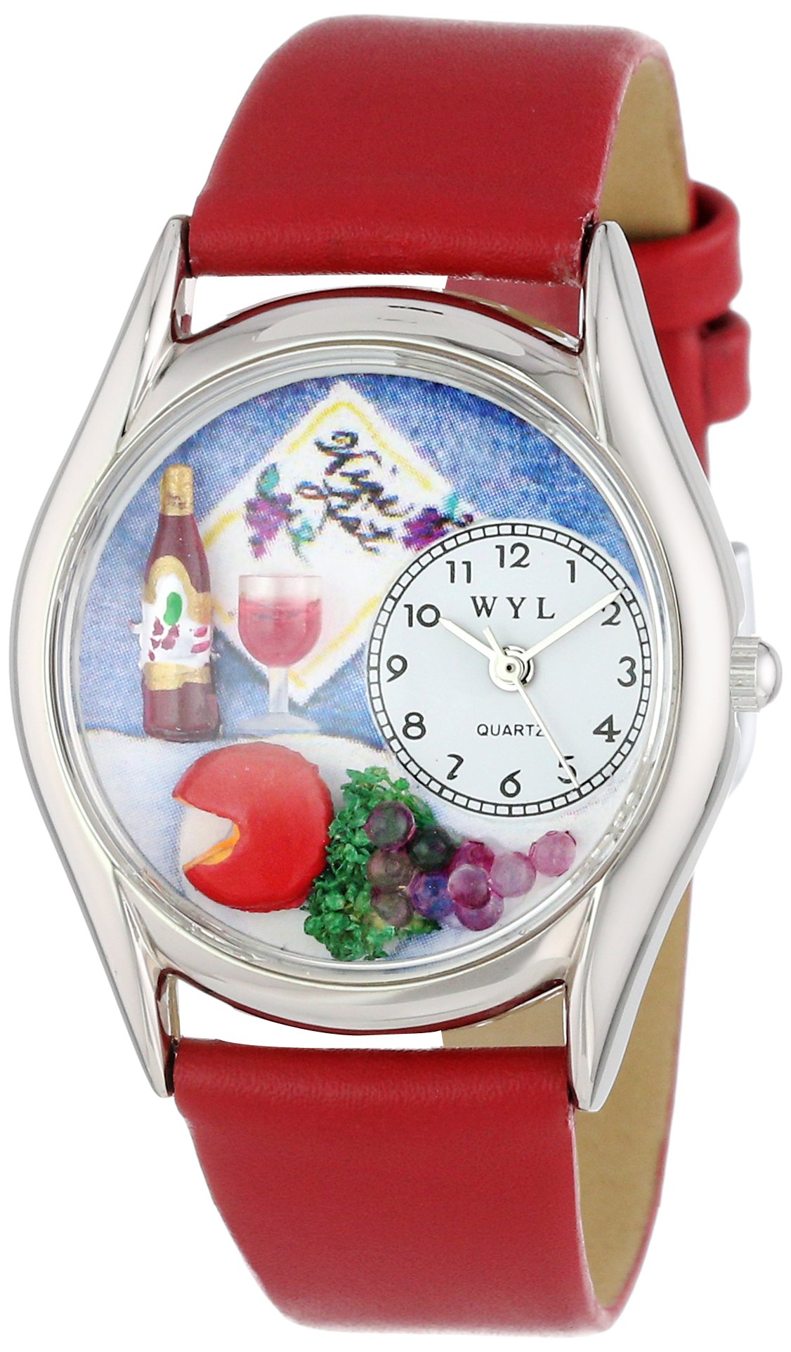 Whimsical Watches Wine & Cheese Red Leather and Silvertone Unisex Quartz Watch with White Dial Analogue Display and Multicolour Leather Strap S-0310004