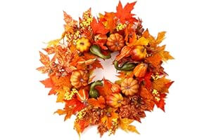 ECERANGUS 24 Inch Fall Wreaths for Front Door, Fall Decorations for Home,Fall Wreath,Autumn Wreath with Pumpkins Berries Maple Leaves for Thanksgiving Halloween Decorations Indoor Outdoor Outside Fall Decor