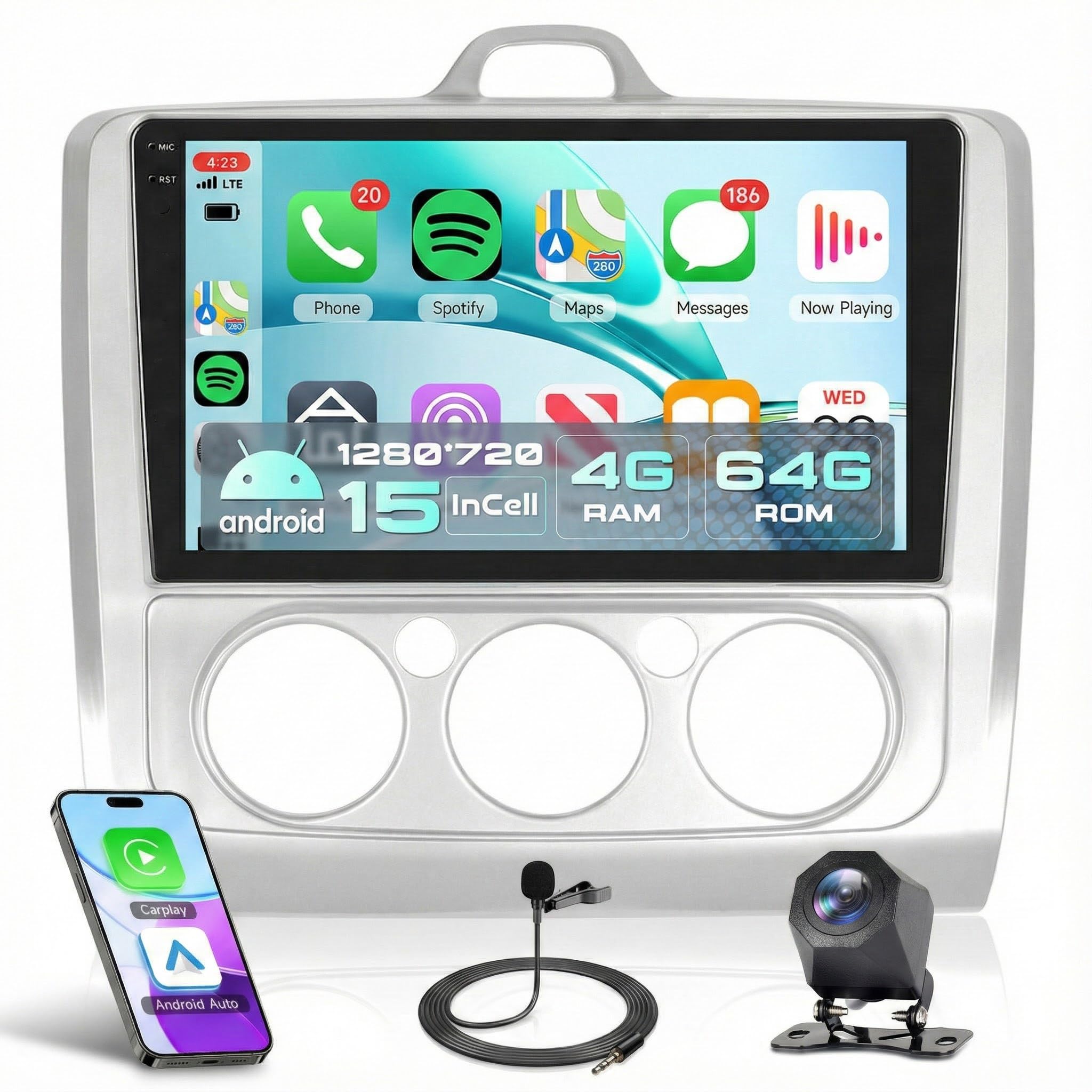 Rimoody 4G+64G Car Stereo for Ford Focus Mk2 Focus Mk3 2004-2011 9'' In-Cell Screen Wireless CarPlay Android Auto, Android 15 Car Radio GPS/Bluetooth 5.0/FM RDS/EQ/Wi-Fi/Mirror Link, Rear Camera — image 1