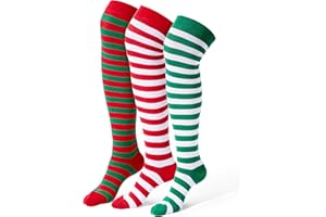 Giggling Getup 3 PCS Women Christmas Over Knee Socks, Striped Long Elf Socks for Women Cosplay Party, Birthday Gift