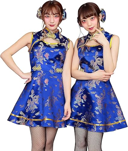 Amazon キュートチャイナガール 青 ブルー ミニ キョンシー ワンピース チャイナドレス チャイナ ドレス ワンピース 中国 お団子 パンダ 大人 かわいい セクシーコスプレ コス コスチューム ハロウィン コスプレ 19 忘年会 仮装 衣装 レディース 即納 S Cs 6g153