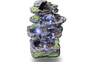 FLJZCZM 5-Tier Cascading Rock Water Fountain with White LED Lights, Modern Art Design Resin Waterfall Natural Stone Look for Table, Garden, Patio, Backyard, Porch and Home Decor (13.78" H)