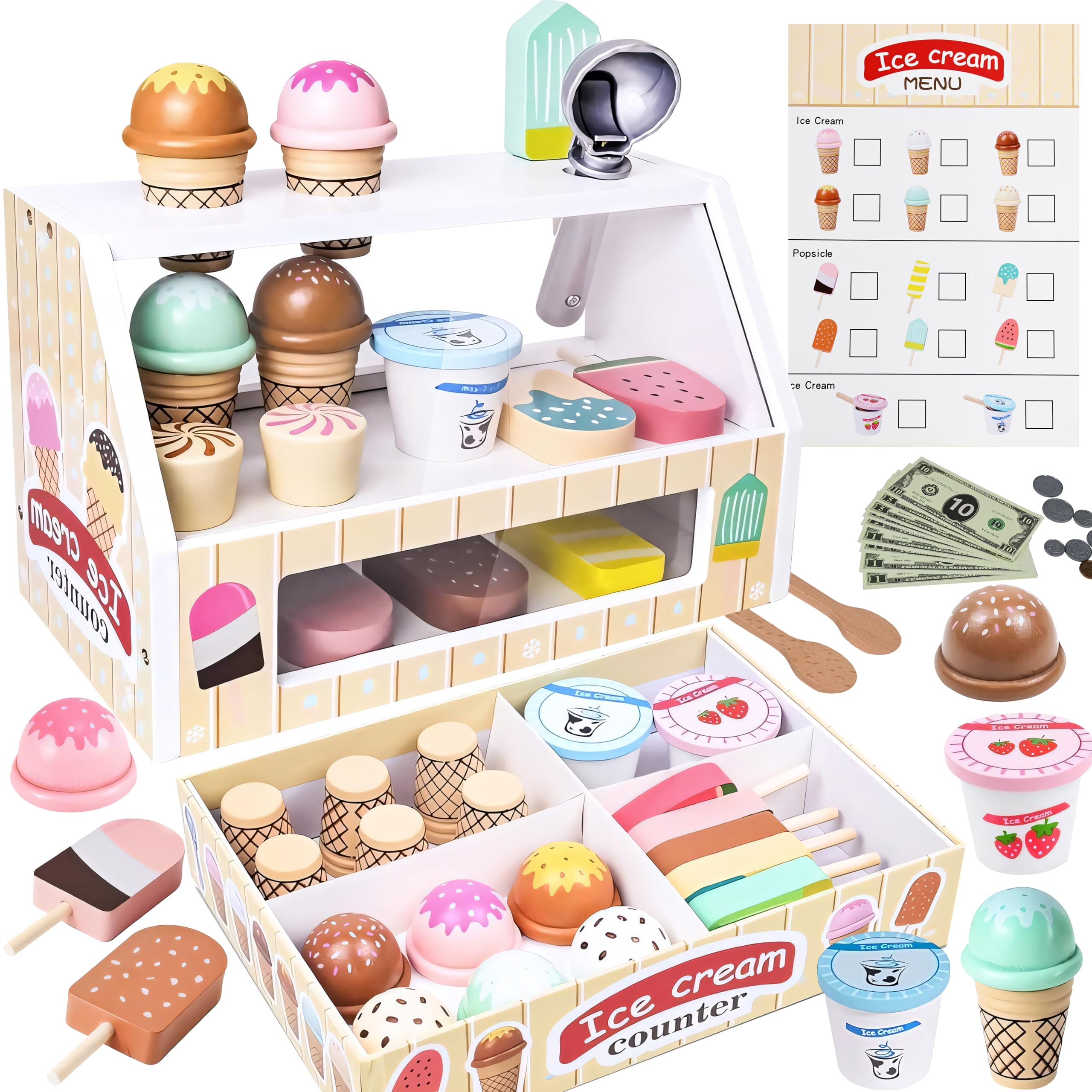 Zabatoco Ice Cream toys for kids, 38 PCS Wooden Ice Cream Set, Imaginative Role Play Ice Cream Shop Play for Kids Kitchen Toys Gift for 3 Year Old Girl Boys