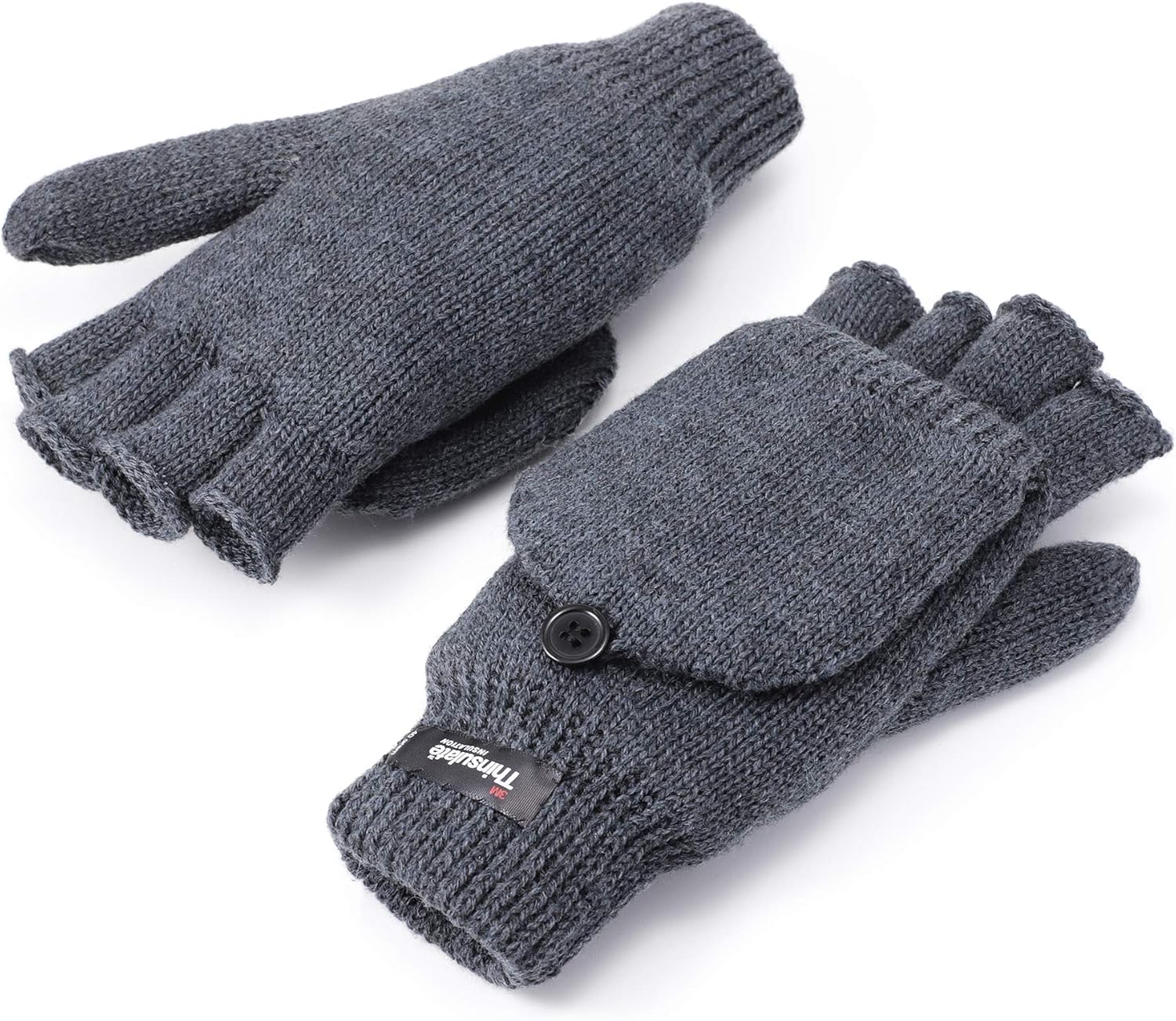 Flammi Men's Convertible Mittens Thinsulate Insulation Fleece Lined Warm Knit Half Fingerless Gloves with Mitten Cover (Dark Grey) at  Men’s Clothing store