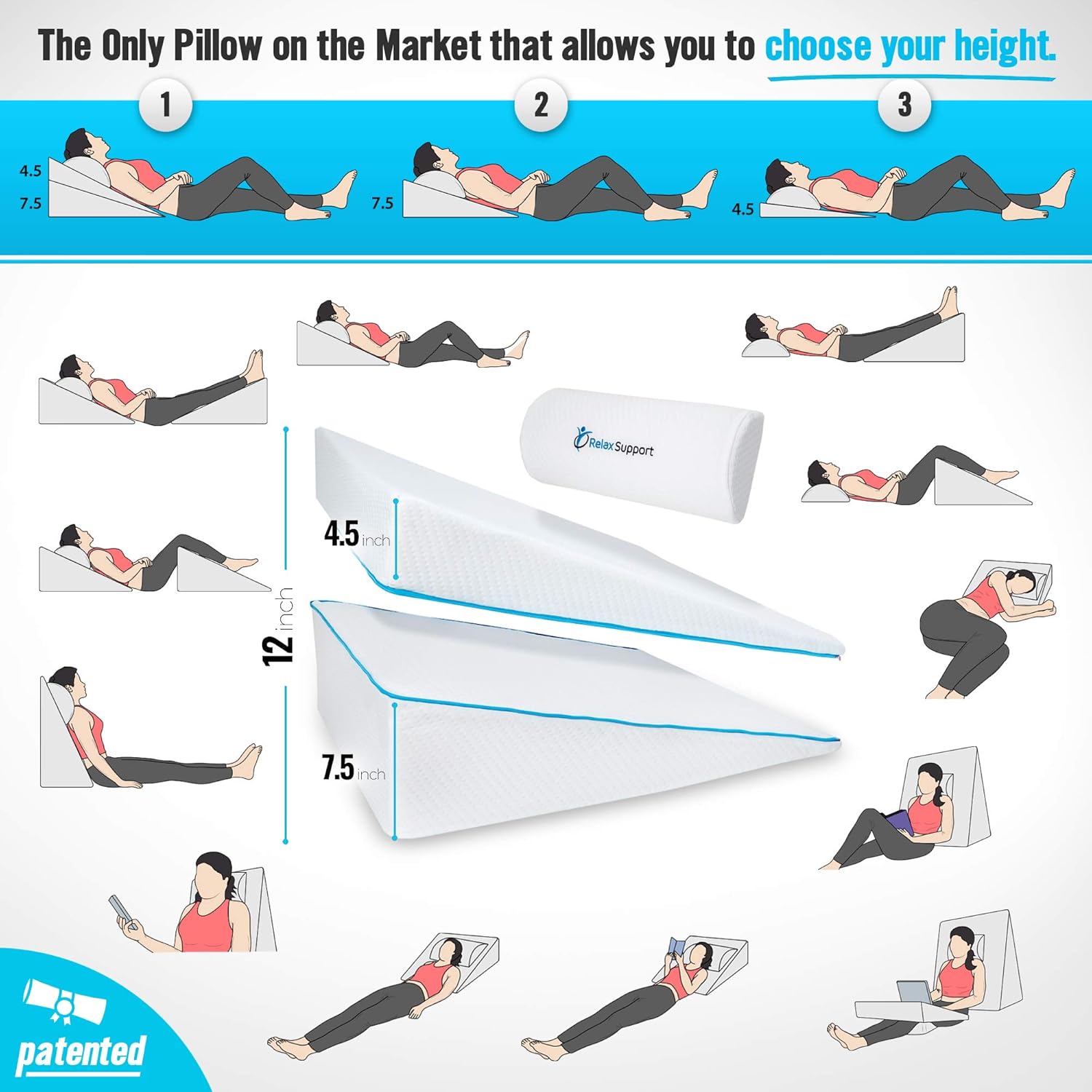 RELAX SUPPORT RS6 Wedge Pillow Whole Memory Foam 3-in-1 Technology Large Adjustable Bed Pillow for Reflux Reading Snoring Sleeping to Support Body Back Neck Legs Pregnancy: Home & Kitchen
