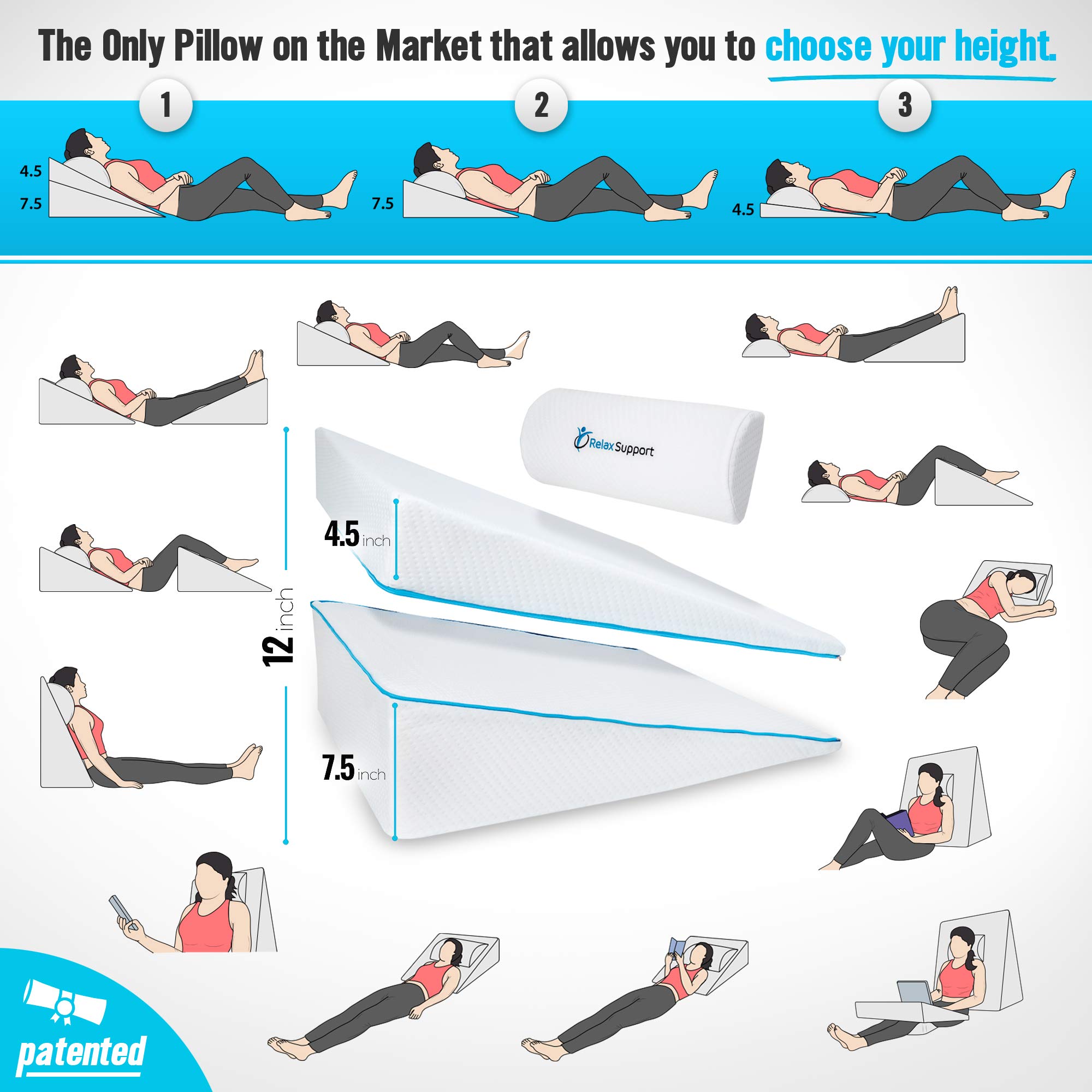 Bed Wedge Pillow for Sleeping- Whole Memory Foam 3-in-1 Technology Elevation Adjustable Wedge Pillow for Sleeping Reflux Reading Snoring – Pregnancy Triangle Pillow Support Body Back Neck Legs…