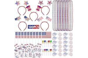 MOVINPE 120 Pcs Patriotic Party Favors, 4th of July Accessories Headbands, Shutter Shades Glasses, Beaded Necklaces, Hand Held USA Flags, Musical Blow Outs, Temporary Tattoos Parades Giveaways