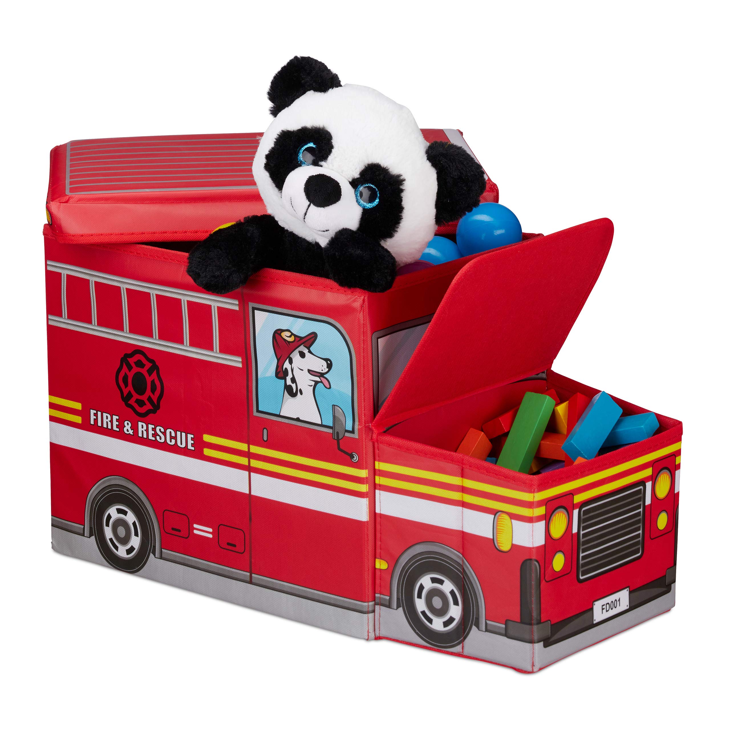 Relaxdays Children’s Storage Ottoman, Lidded Toy Box, Folding, Boys & Girls, Fire Truck Design, 50 Litres, Red
