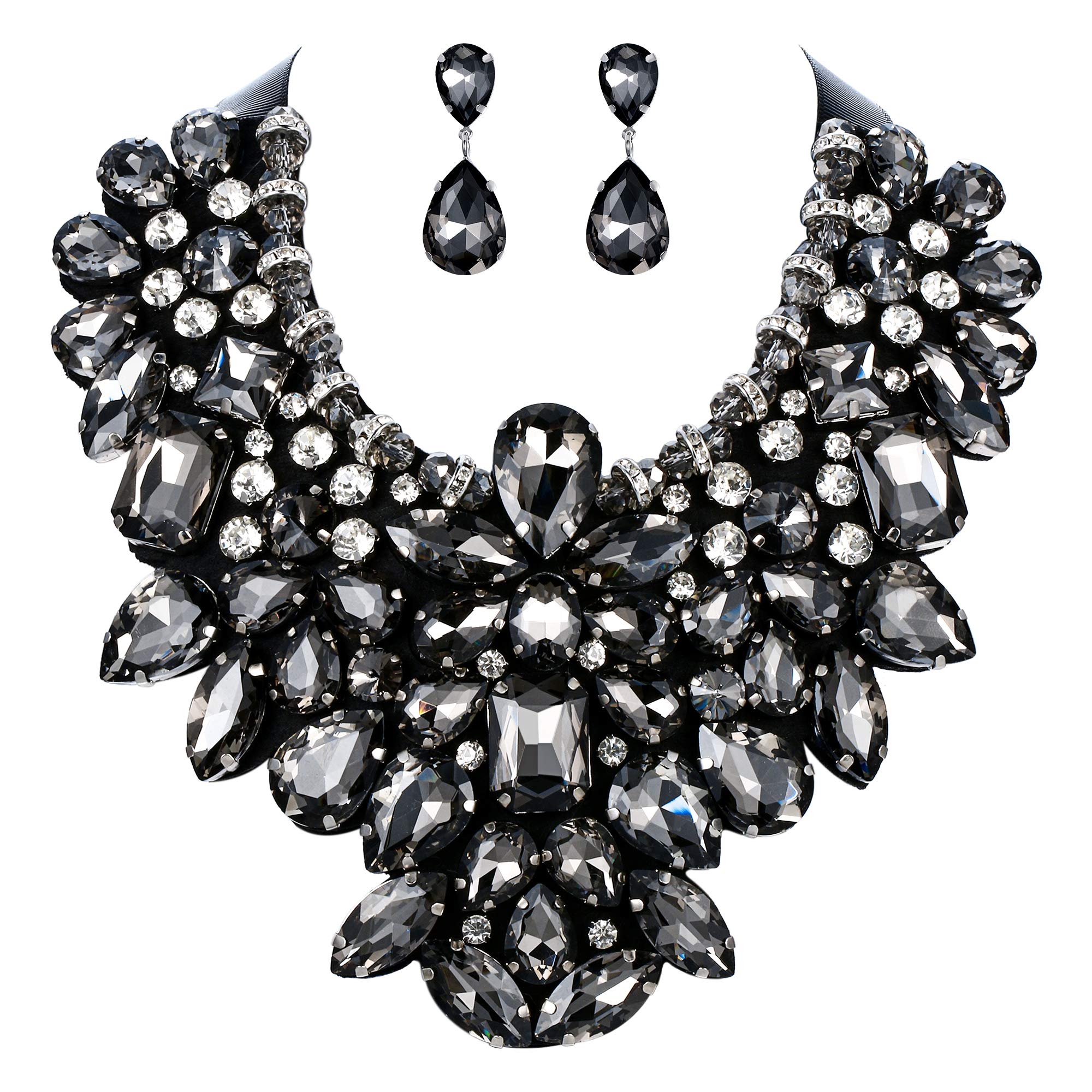 Ever Faith Costume Jewelry for Women, Black Rhinestone Crystal Chunky Collar Statement Necklace Earrings Set