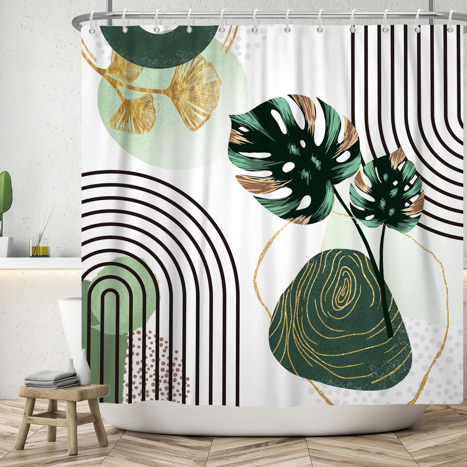 ASDCXZ Boho Leaves Shower Curtain 180x180 cm, Modern Abstract Art Boho Style Gold Green Palm Leaves Bath Washable Shower Curtains Polyester Textile Waterproof Bath Curtain for Bathtub with 12 Hook