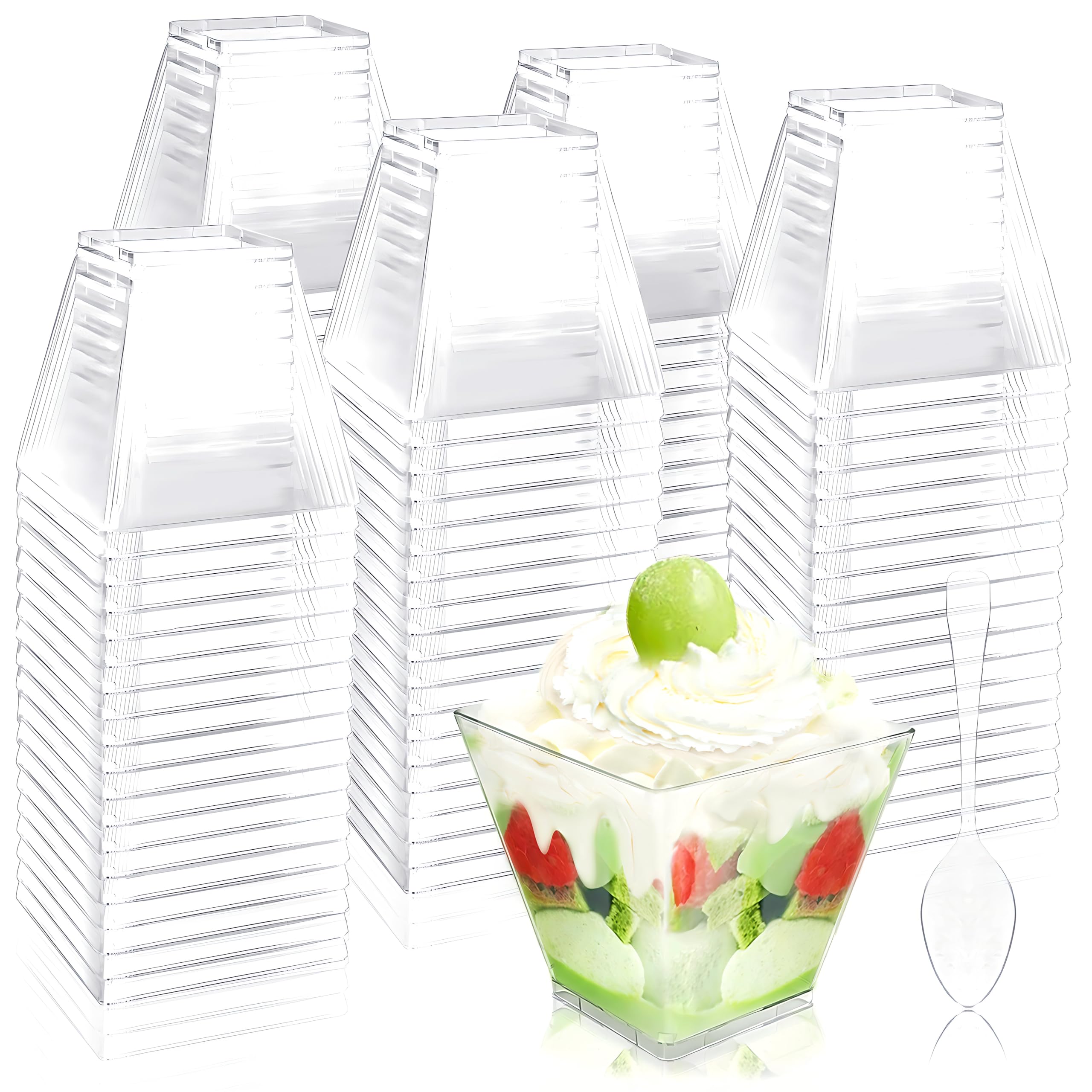 Photo 1 of Jnnzzggu 100Pcs 3.5 oz Mini Dessert Cup with Spoons,Square Plastic Dessert Cups,Clear Parfait Appetizer Cup for Ice Cream,Birthday,Parties,Jellies,Nuts,DIY,Wedding