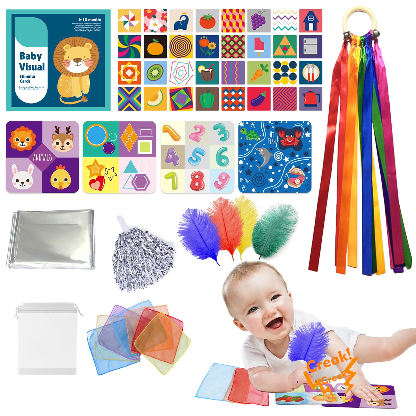 Orizizhic 28 Pcs Baby Sensory Set with Sensory Scarf Foil Blanket Sensory, Sensory Toys for Babies with Crinkle Papers Rainbow Ribbon Loop Feathers Cheerleading Pom Poms for Baby 0 3 6 9 12 Months