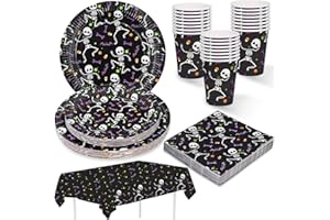 ZVK Halloween Skeleton Party Plates, Napkins, Cups, Paper Tablecloth Party Suppplies 97 Pieces Dinnerware Disposable Tableware Set for Halloween Party