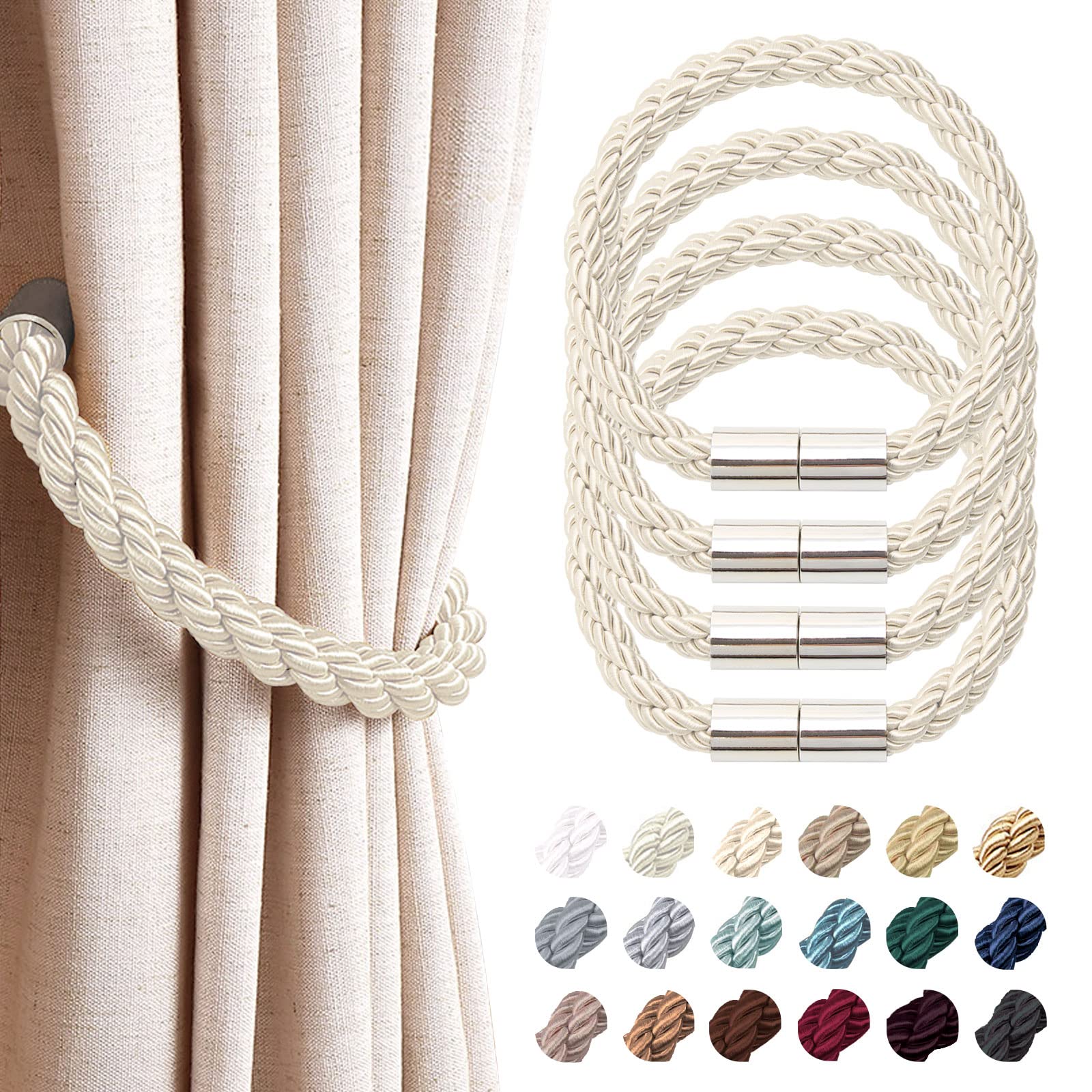 Pretty Jolly 4 Pack Strong Magnetic Curtain Tiebacks Modern Simple Style Drape Tie Backs Convenient Decorative Weave Rope Curtain Holdback for Thin or Thick Home & Office Window Drapery (Beige)