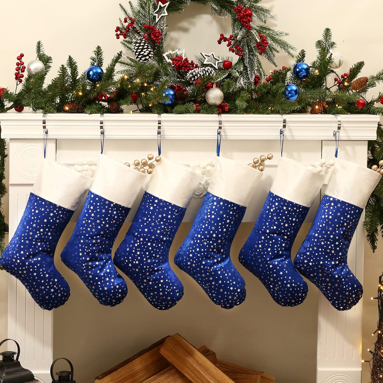 Stockings & Holders - LimBridge Christmas Stockings, 6 Pack 18 inches Glitter Golden Star Print with Plush Cuff, Classic Stocking Decorations for Whole Family, Blue and Silver
