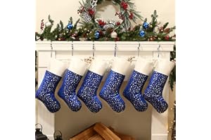 LimBridge Christmas Stockings, 6 Pack 18 inches Glitter Golden Star Print with Plush Cuff, Classic Stocking Decorations for Whole Family, Blue and Silver