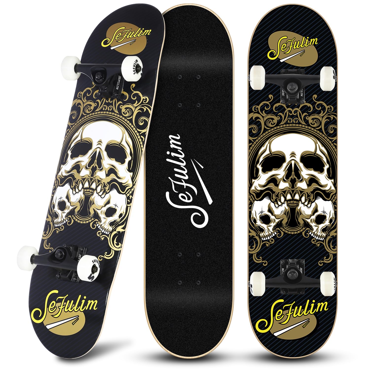 Sefulim 31 x 8 Inch Complete Skateboard 9 Layer Canadian Maple Double Kick Deck Skateboard for Boys Girls Teens Adults Beginner