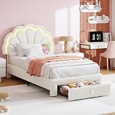 Garvee Twin Upholstered LED Bed Frame - with Storage Drawer and Adjustable Chic Headboard, Berber Fleece Princess Platform Bed for Kids, Wood Support, No Box Spring Needed, Easy Assembly, Beige