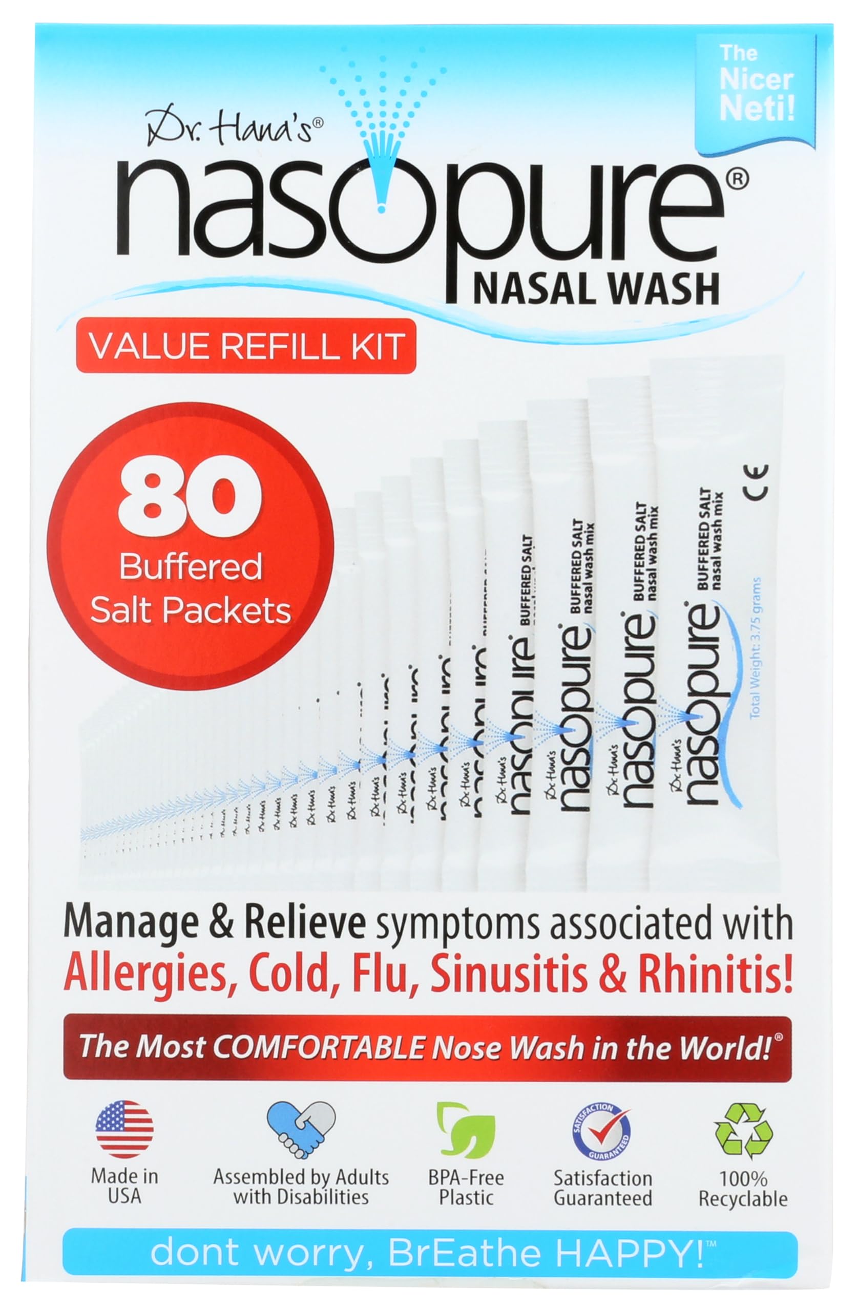 DR HANA'S NASOPURE The Nicer Neti Potâ€ | Value Refill Kit | 80 Buffered Salt Packets | Allergy and Congestion Relief Nasal Wash
